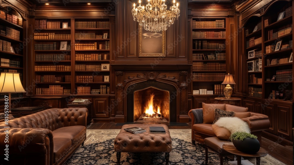 Elegant Vintage Library with Wooden Bookshelves, Grand Fireplace, and Chesterfield Sofas