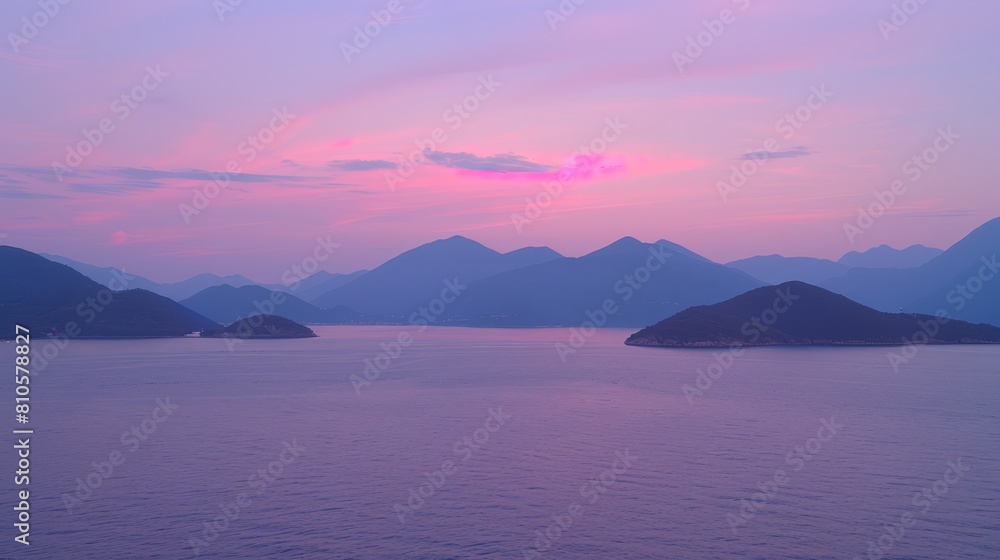 A serene body of water nestled among mountains, framed by a pink and blue sky, with the sun at its center A serene body of water nestled among mountains, framed by a pink and blue sky, with the sun at its center