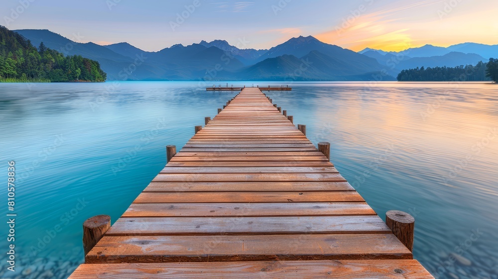 Naklejka premium A long wooden dock reaches into a body of water, framed by mountains in the background and the water's reflection in the foreground