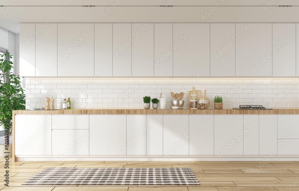 3D rendering of a white kitchen with cabinets and a wooden floor, in a minimalistic style. The wall is covered in white brick tiles. 3D rendering of a white kitchen with cabinets and a wooden floor, in a minimalistic style. The wall is covered in white brick tiles.