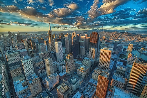 The bustling city is a sight to behold from above with skyscrapers and a blue sky. photo