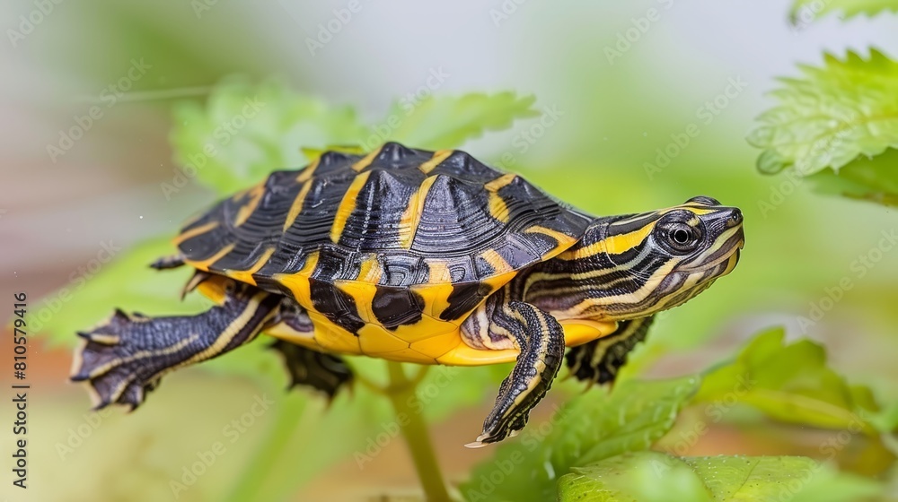 Obraz premium A tiny yellow-black turtle atop a verdant, leafy plant with water beading on its surface