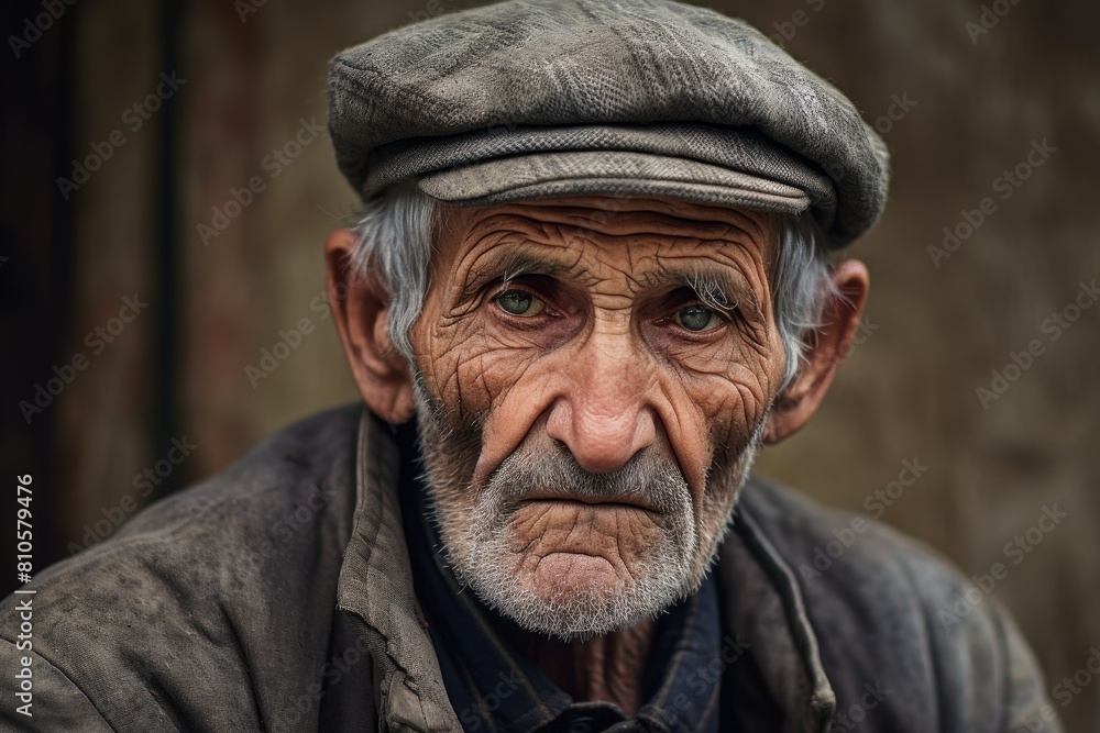 Weathered face of an elderly man wearing a gray cap