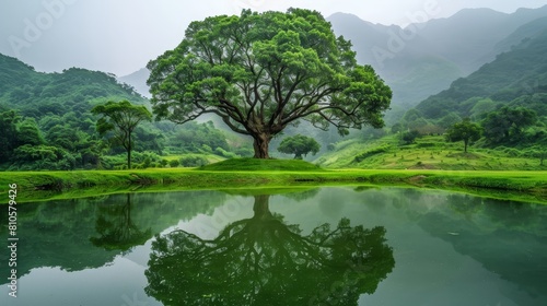   A large tree atop a verdant hillside overlooks a tranquil green valley with a lake in its center