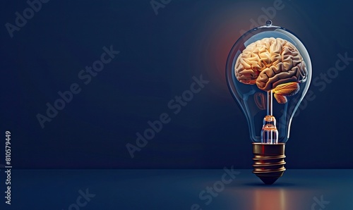 Human Brain in a Bulb on Dark Blue Background. idea, business success, creative thinking, brainstorming, Innovation concept #810579449