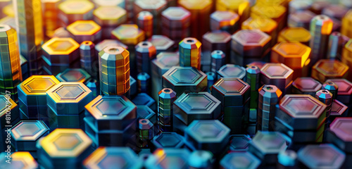 Geometric design  jewel-toned hexagons  urban development data.