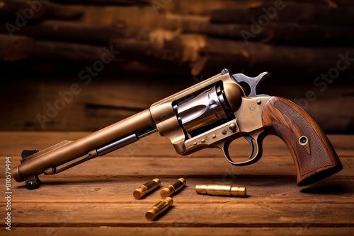Vintage revolver with ammunition on wooden table
