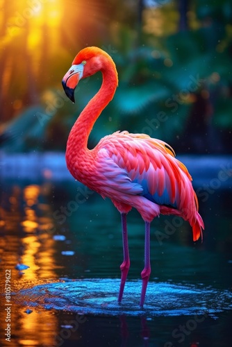 Vibrant flamingo standing in shallow water
