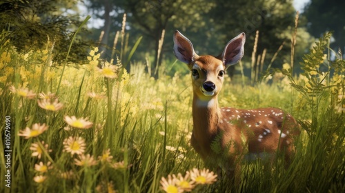 Curious deer in a field of flowers