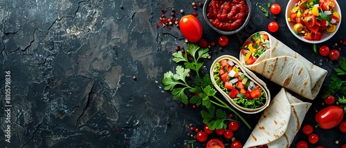 A festive, holiday-themed image showing burritos with ingredients that form a Christmas tree pattern on dark stone