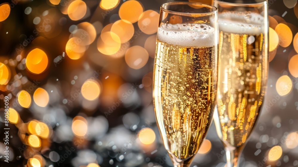 Two champagne glasses nestled together on a table, backdrop of a bouquet of lights on the wall Two champagne glasses nestled together on a table, backdrop of a bouquet of lights on the wall