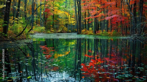 A tranquil forest pond reflecting the vibrant autumn colors of the surrounding trees, capturing the essence of seasonal change. © Ibraheem