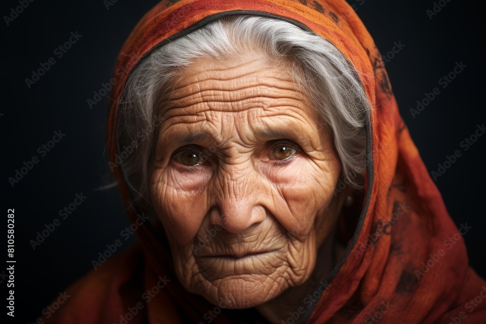 Elderly woman with wrinkled face wearing traditional headscarf Elderly woman with wrinkled face wearing traditional headscarf