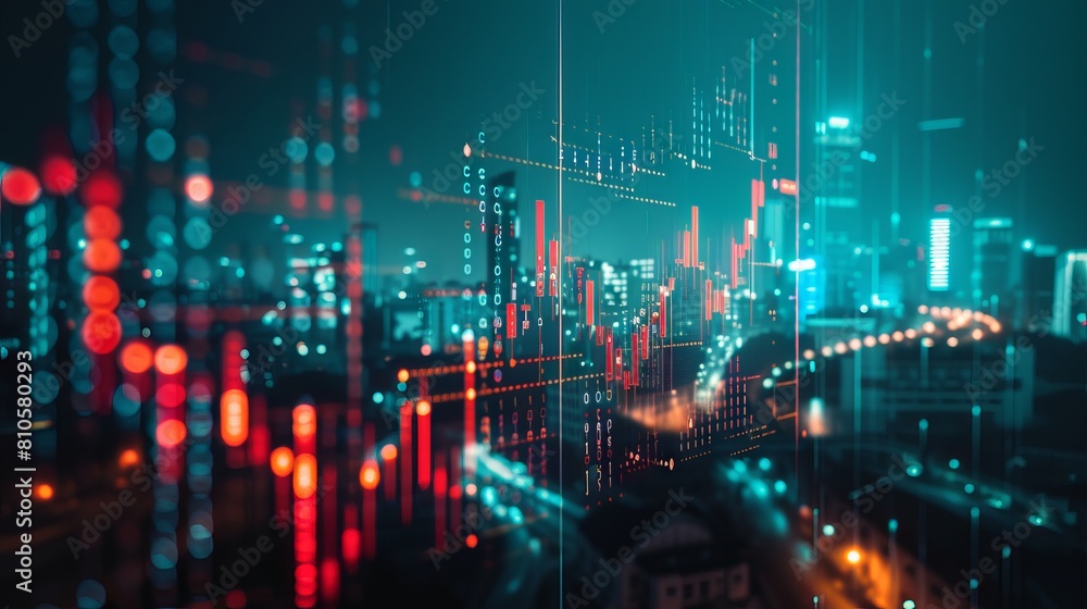 Financial growth and urban development candlestick chart overlay with