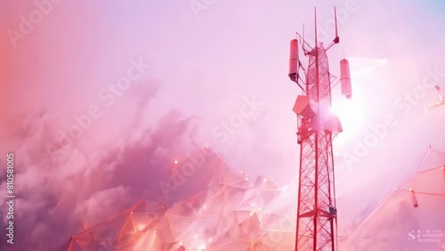 Abstract design of 5G network tower with antenna connecting smart city technology. Concept 5G Technology, Smart City Infrastructure, Telecommunication Tower, Antenna Design, Abstract Concepts photo