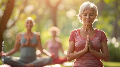 Elderly friends enjoy group yoga and Pilates workout in nature park. Concept Elderly Fitness, Group Exercise, Nature Park, Yoga & Pilates, Active Lifestyle photo