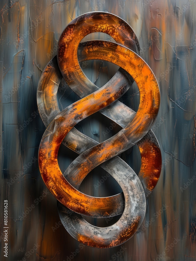 Abstract metal wall art featuring interconnected circles with rusty and shiny contrasts, illuminated by moody lighting Abstract metal wall art featuring interconnected circles with rusty and shiny contrasts, illuminated by moody lighting