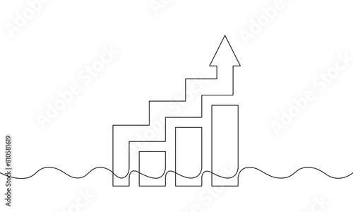 Continuous one line drawing of graph. Illustration vector of bar chart. single line art of business growth. Flat icon of arrow up. Sign symbol of increasing arrow. Flat icon design