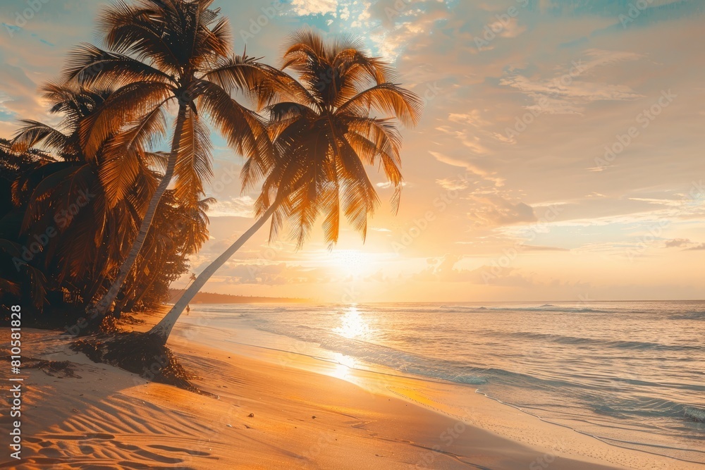 A sun-kissed beach with palm trees swaying gently in the breeze against a golden sky.