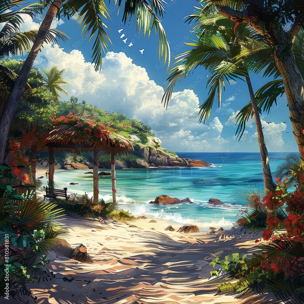 The photo shows a beautiful beach with white sand, palm trees, and a blue ocean The photo shows a beautiful beach with white sand, palm trees, and a blue ocean