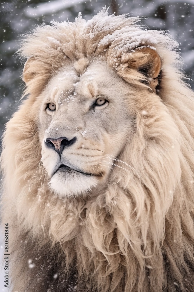 Majestic white lion in snowy winter Majestic white lion in snowy winter