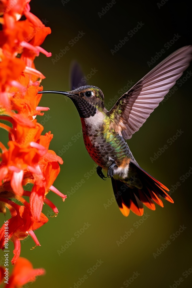 Fototapeta premium Colorful hummingbird feeding on vibrant orange flowers