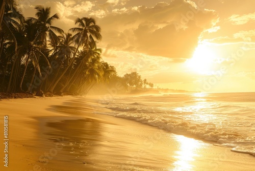 A sun-kissed beach with palm trees swaying gently in the breeze against a golden sky.