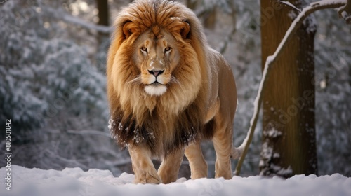 majestic lion in snowy forest