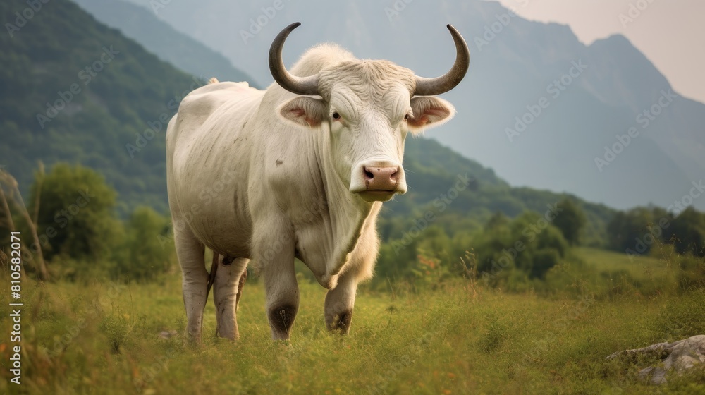 White yak standing in mountain meadow White yak standing in mountain meadow