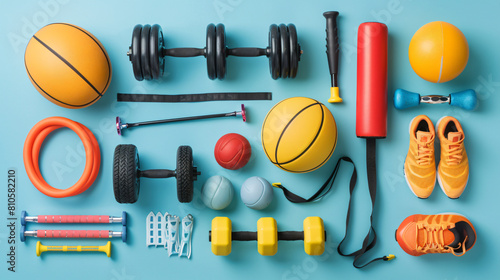 Set of sport equipment on color background