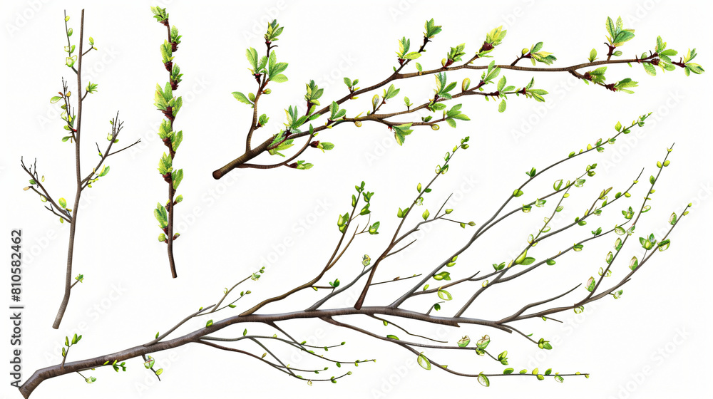 Set of spring tree branches on white background