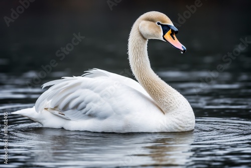 Graceful swan swimming on dark water