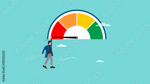 poor performance employee with panic office worker hanging on the needle measuring low performance, bad rating evaluation, laziness in improving the quality of performance