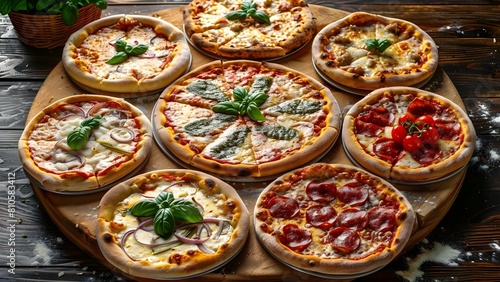 Assorted gourmet pizzas on wooden board top view Italian cuisine variety. Concept Pizza, Gourmet, Italian Cuisine, Top View, Food Photography