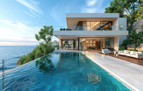 Modern villa with pool  overlooking the sea in Phuket Thailand  with trees and plants around it  architecture design with wood material facade. Created with Ai