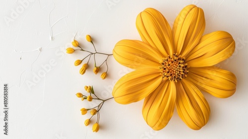   A yellow flower atop a white table Nearby, a cluster of similar flowers on another white table