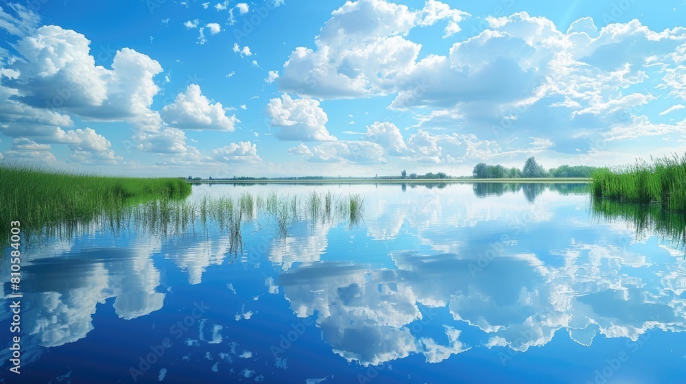 A serene lake reflecting a clear blue sky and fluffy clouds, a peaceful oasis inviting contemplation and reflection.