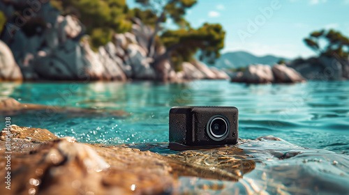 Portable Bluetooth speaker with rugged construction and waterproof design, perfect for outdoor adventures and poolside parties, delivering high-quality sound and long-lasting battery life.