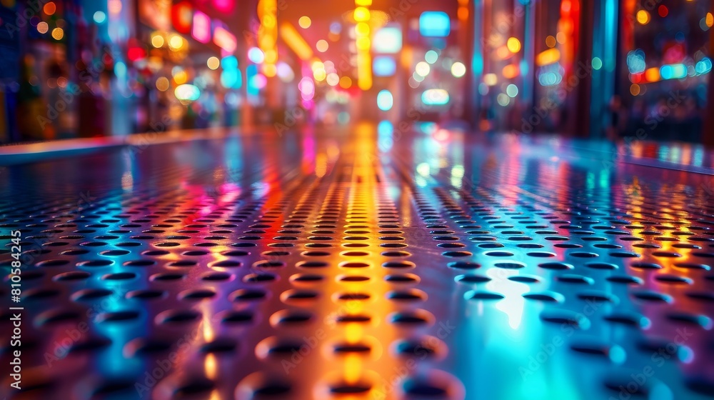 Glossy metal bar tops, reflections of neon lights, modern pub atmosphere, nightlife setting