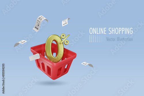0% in shopping basket with bill receipt. Online shopping with zero percent interest fee financial payment. Grocery marketing, E commerce. 3D vector.