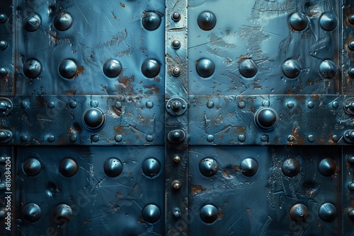 Metal plate shows visible bolts, scratches in industrial close-up with cold blue tone lighting