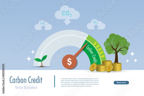 Carbon credit, reducing CO2 emission by growing tree. Growing tree scale to gain money from carbon credit. Ecology, clean environment and green investment. 3D vector.