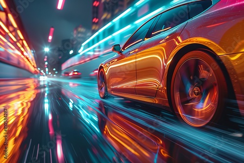  Vibrant colored electric cars speeding across a minimalist stage of abstract random colors patterns, emphasizing the theme of sustainable mobility with a sense of dynamic energy. © MiniMaxi