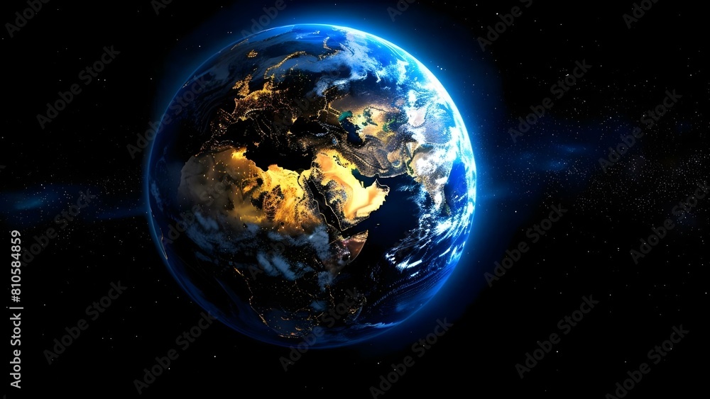 Nighttime view of Earth from space highlighting Asia Europe Africa and the Middle East. Concept Space Photography, Earth's Beauty, Continent Views, Nighttime Images, Astronomical Landscapes Nighttime view of Earth from space highlighting Asia Europe Africa and the Middle East. Concept Space Photography, Earth's Beauty, Continent Views, Nighttime Images, Astronomical Landscapes
