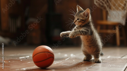 A cute kitten playing basketball on the ground, with a basketball court background photo