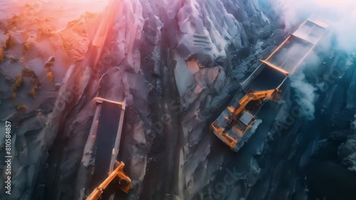 Mining Operations from A Drone's Perspective: Excavator, Haul Truck, and Conveyor Belt in Action. Concept Mining, Drone's Perspective, Excavator, Haul Truck, Conveyor Belt, Operations photo