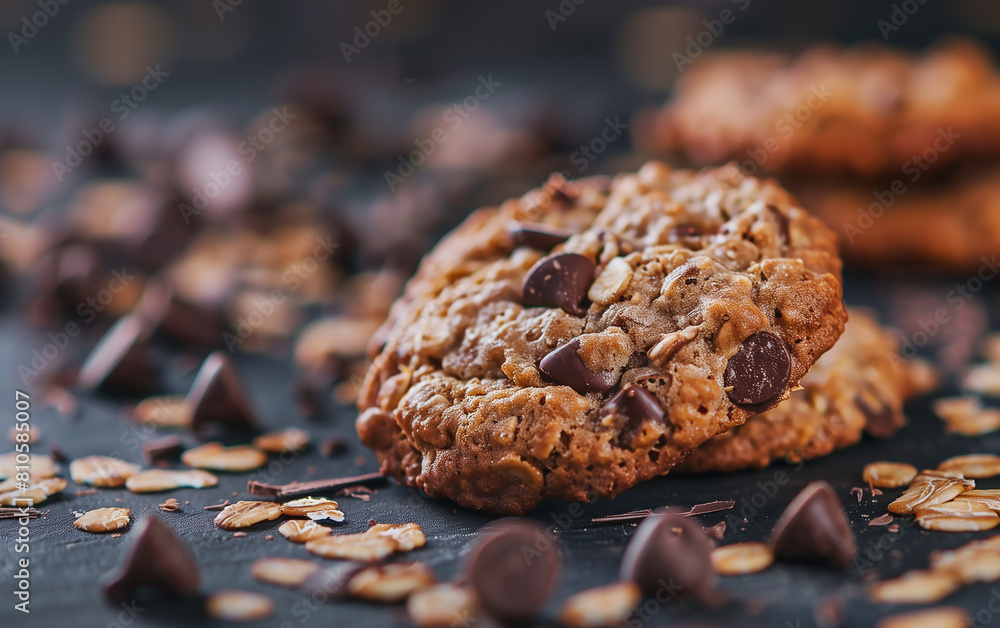 Fototapeta premium close up of oatmeal chocolate chip cookie