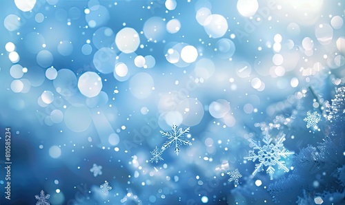 Blue Background with Snowflakes and White Bokeh Lights  Copy Space for Christmas or New Year Celebration