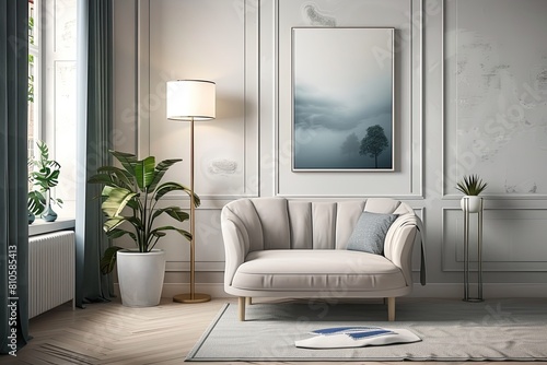 Cozy Living Room with Stylish Chair and Exquisite Painting in the wall. Beautiful Canvas Picture Frame 3D Mockup in Modern Interior
