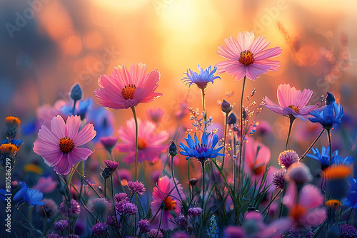 Pink flowers in the field, blooming cosmos flowers, beautiful flower background, soft focus, blurred. Created with Ai photo